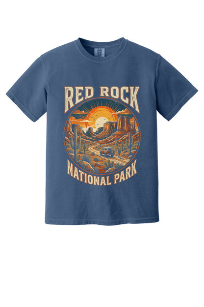 Red Rock National Park sunset design on Comfort Colors tee in China Blue