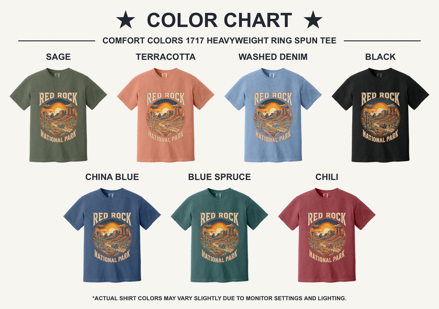 Red Rock National Park sunset design on Comfort Colors tee - available shirt colors chart