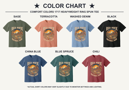 Red Rock National Park sunset design on Comfort Colors tee - available shirt colors chart