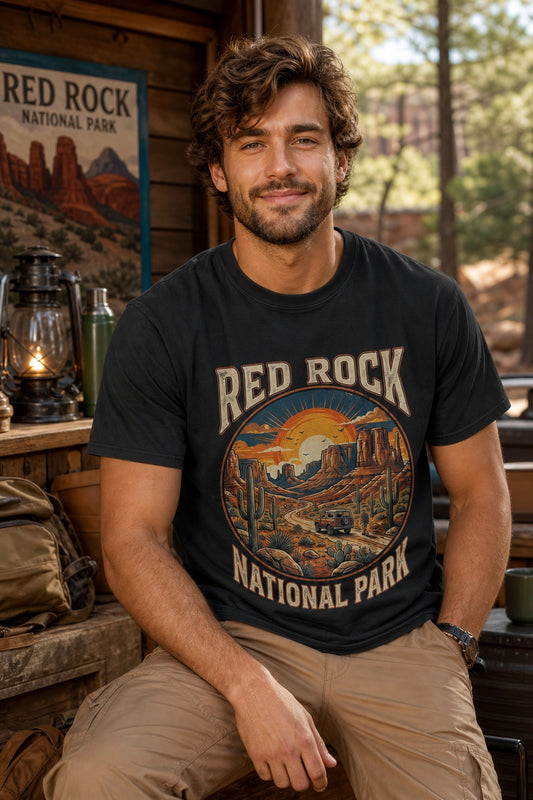 Red Rock National Park sunset design on Comfort Colors tee worn by a model