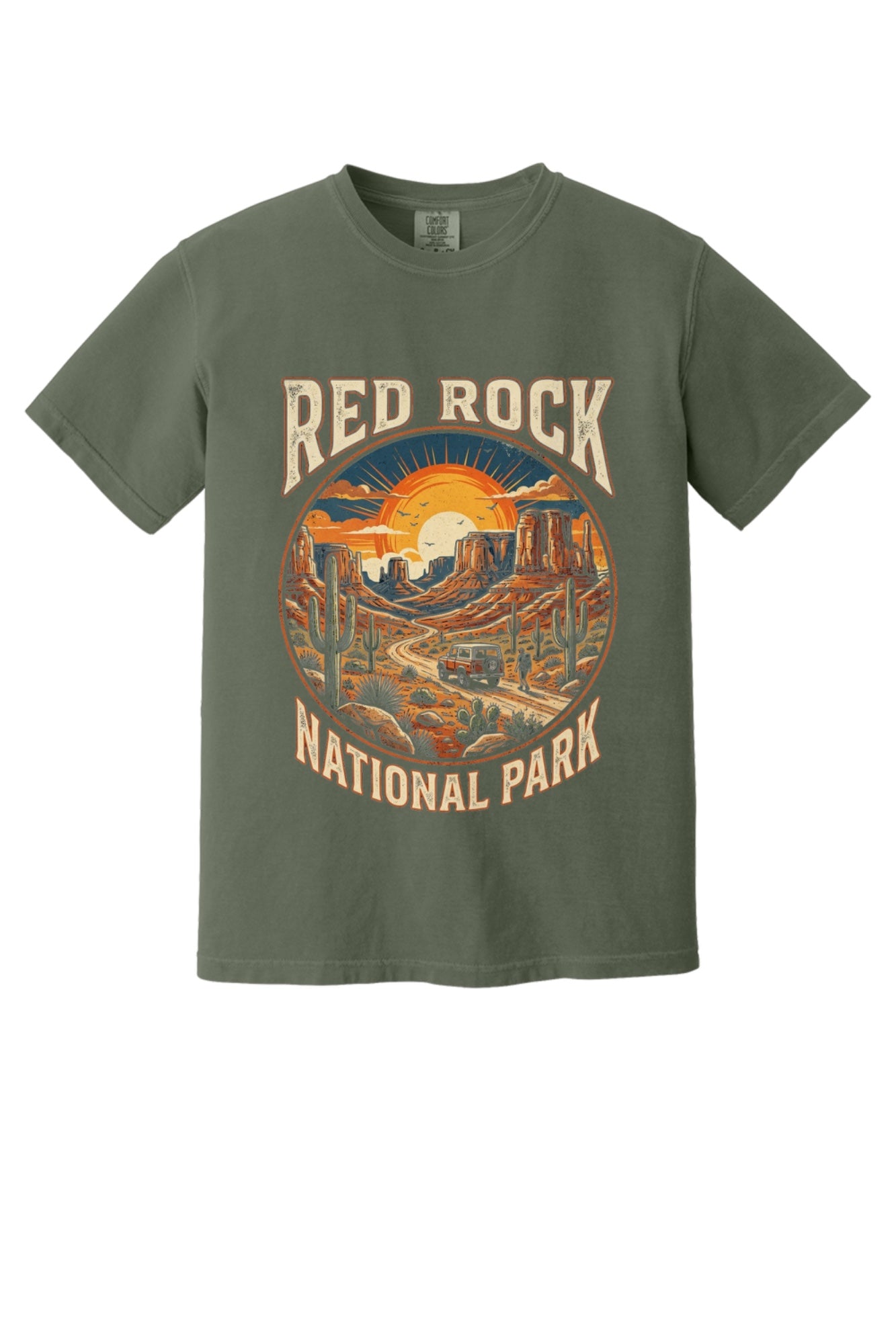 Red Rock National Park sunset design on Comfort Colors tee in Sage