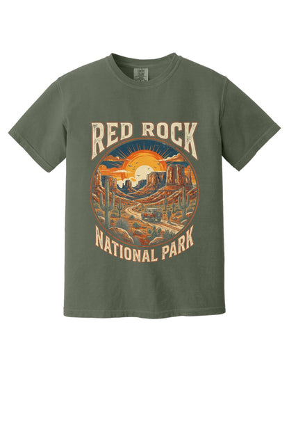 Red Rock National Park sunset design on Comfort Colors tee in Sage