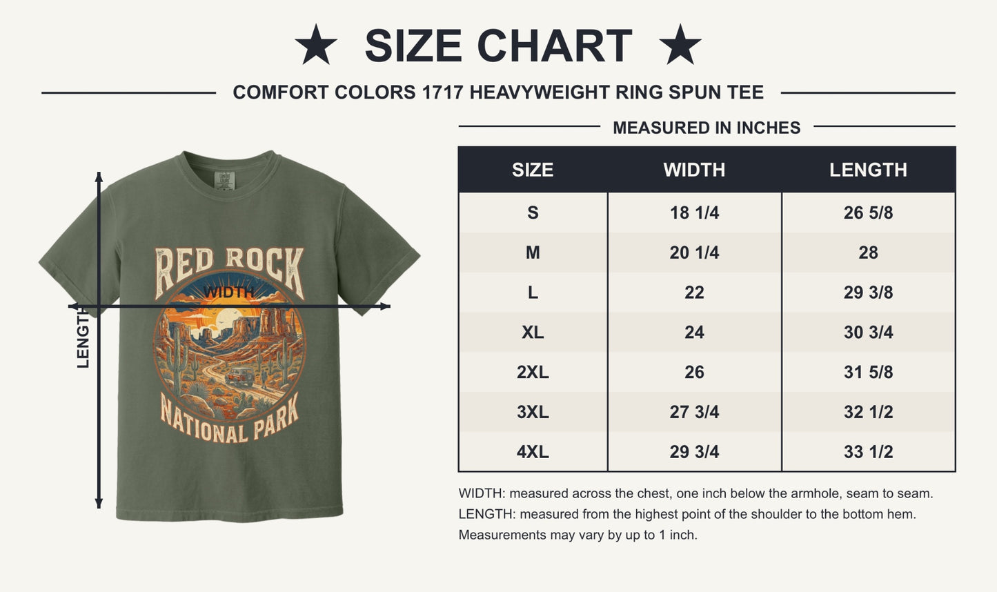 Red Rock National Park sunset design on Comfort Colors tee - size chart