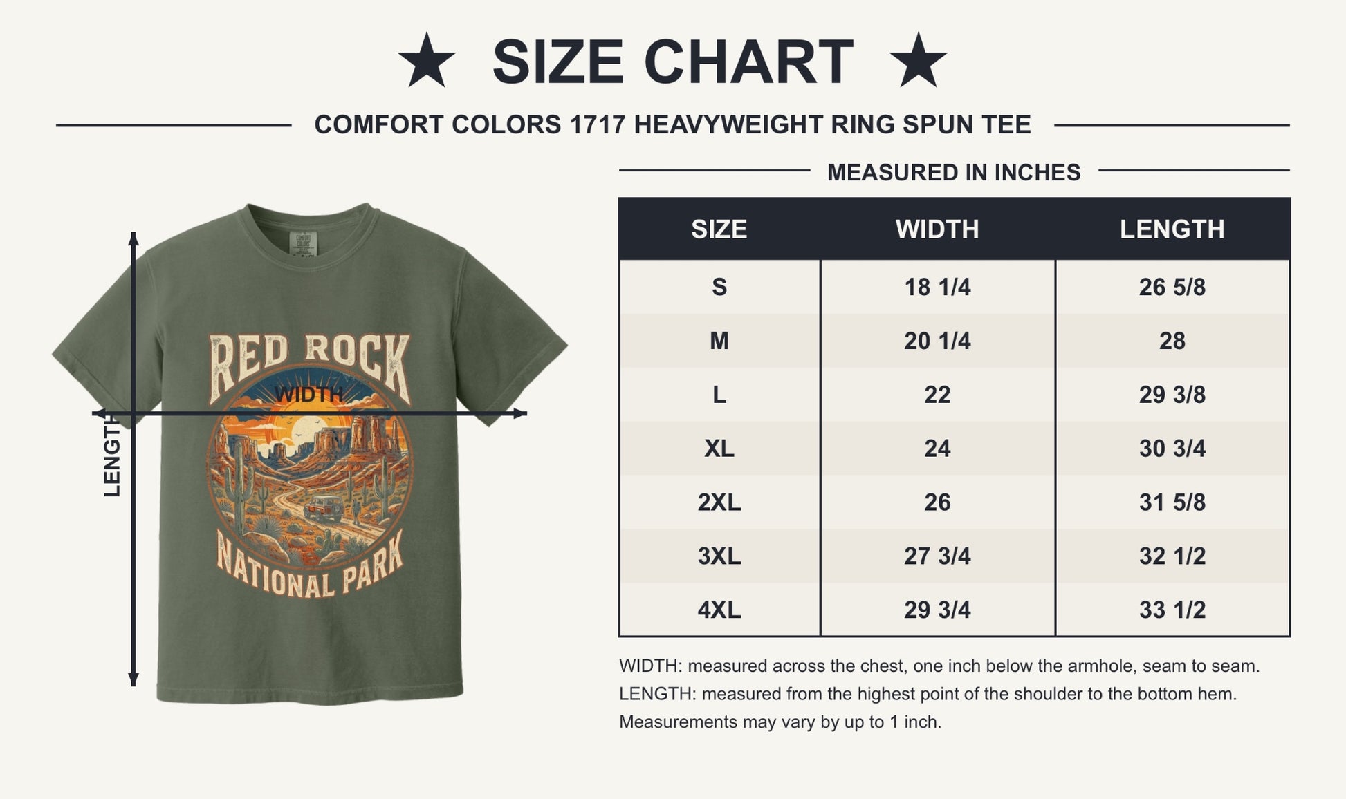Red Rock National Park sunset design on Comfort Colors tee - size chart