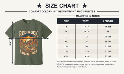 Red Rock National Park sunset design on Comfort Colors tee - size chart