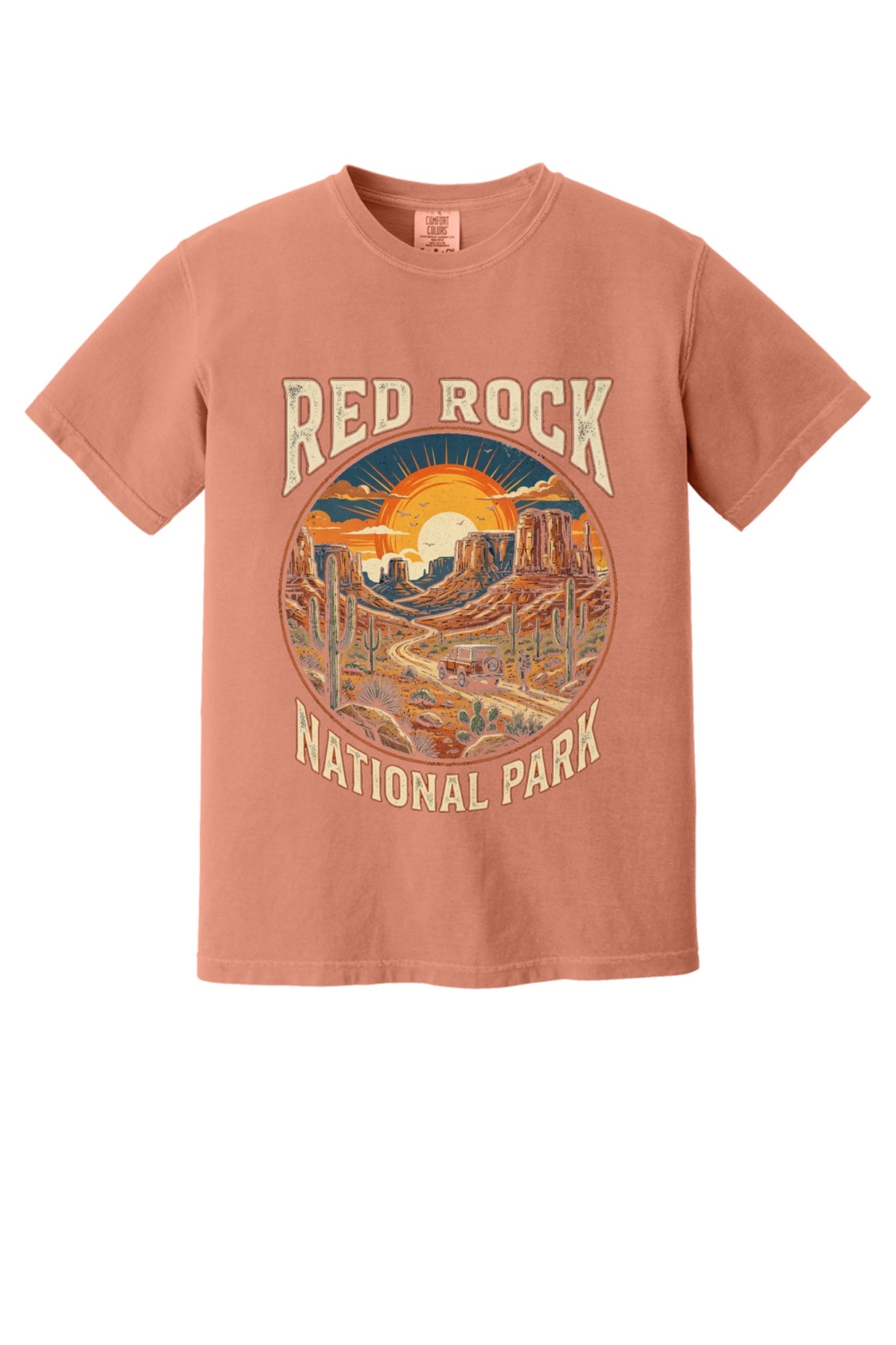Red Rock National Park sunset design on Comfort Colors tee in Terracotta