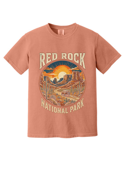 Red Rock National Park sunset design on Comfort Colors tee in Terracotta