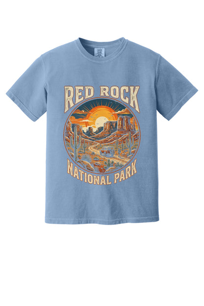 Red Rock National Park sunset design on Comfort Colors tee in Washed Denim