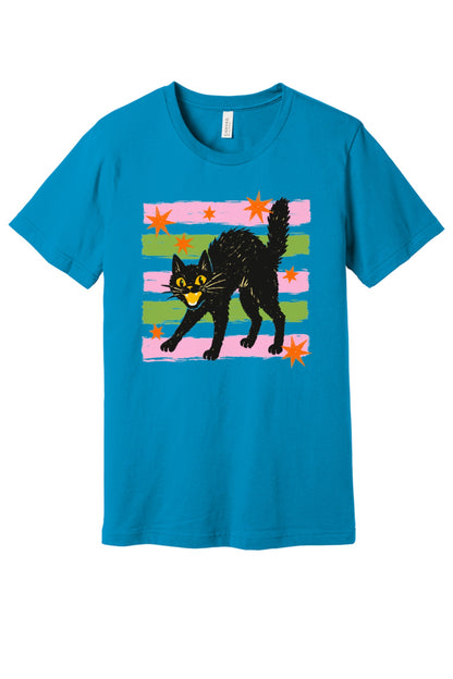 Scaredy cat Halloween tee with hissing black cat, orange stars and pink green stripes, BELLA+CANVAS unisex shirt in Aqua