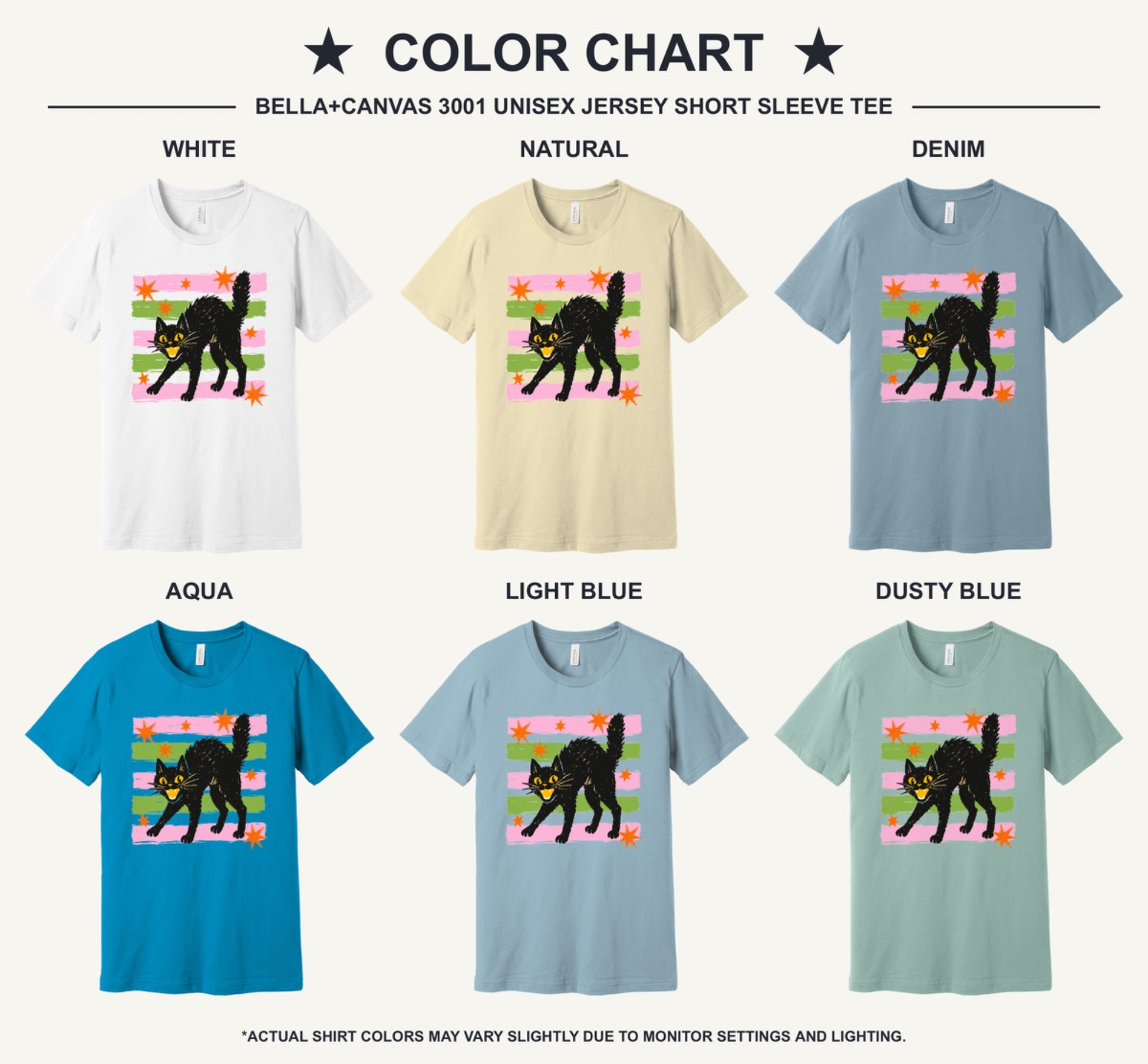 Scaredy cat Halloween tee with hissing black cat, orange stars and pink green stripes, BELLA+CANVAS unisex shirt - available shirt colors chart