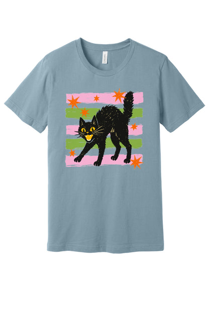 Scaredy cat Halloween tee with hissing black cat, orange stars and pink green stripes, BELLA+CANVAS unisex shirt in Denim