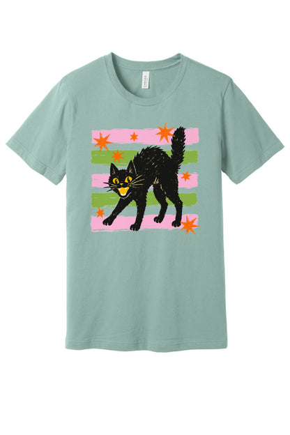 Scaredy cat Halloween tee with hissing black cat, orange stars and pink green stripes, BELLA+CANVAS unisex shirt in Dusty Blue