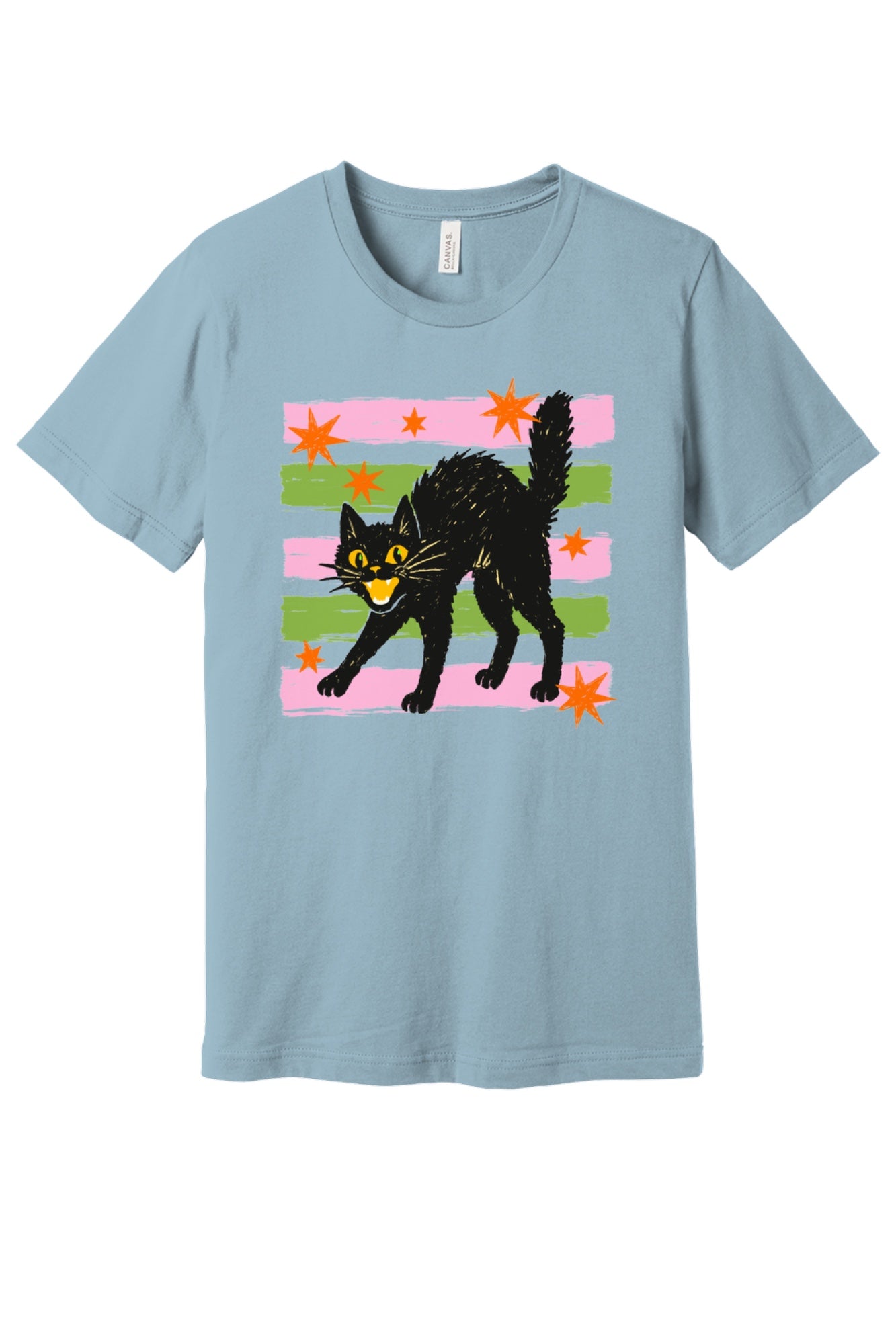 Scaredy cat Halloween tee with hissing black cat, orange stars and pink green stripes, BELLA+CANVAS unisex shirt in Light Blue