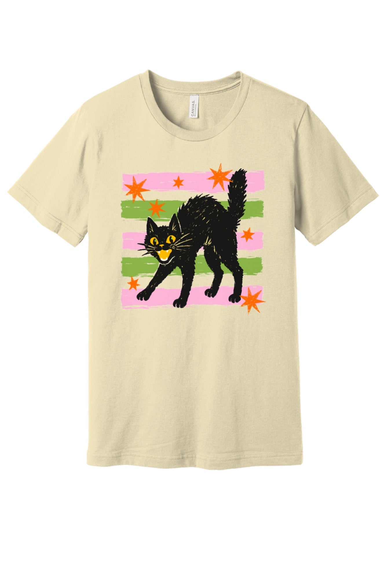 Scaredy cat Halloween tee with hissing black cat, orange stars and pink green stripes, BELLA+CANVAS unisex shirt in Natural
