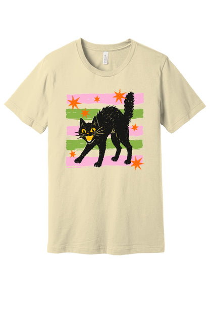 Scaredy cat Halloween tee with hissing black cat, orange stars and pink green stripes, BELLA+CANVAS unisex shirt in Natural
