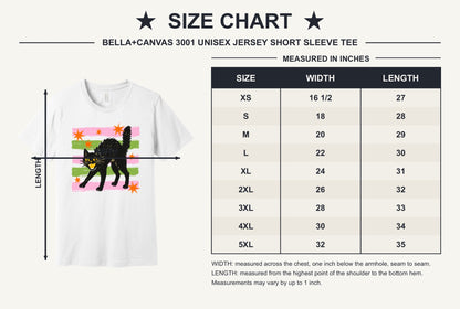 Scaredy cat Halloween tee with hissing black cat, orange stars and pink green stripes, BELLA+CANVAS unisex shirt - size chart