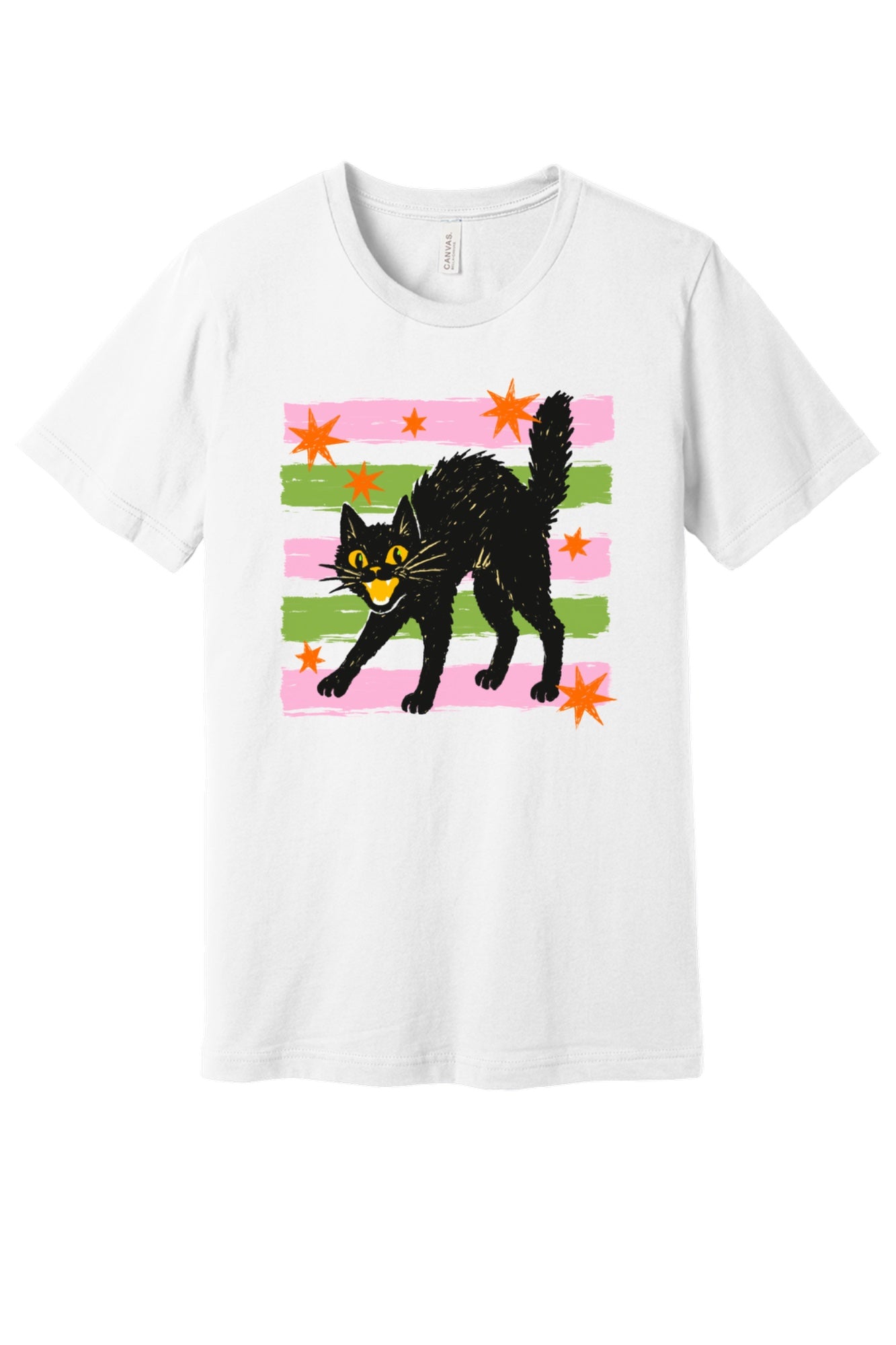 Scaredy cat Halloween tee with hissing black cat, orange stars and pink green stripes, BELLA+CANVAS unisex shirt in White
