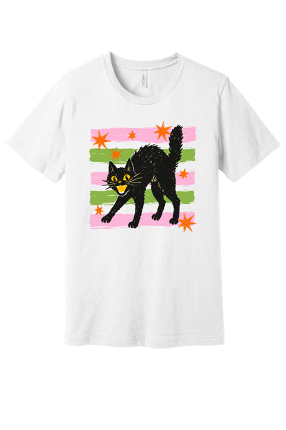 Scaredy cat Halloween tee with hissing black cat, orange stars and pink green stripes, BELLA+CANVAS unisex shirt in White