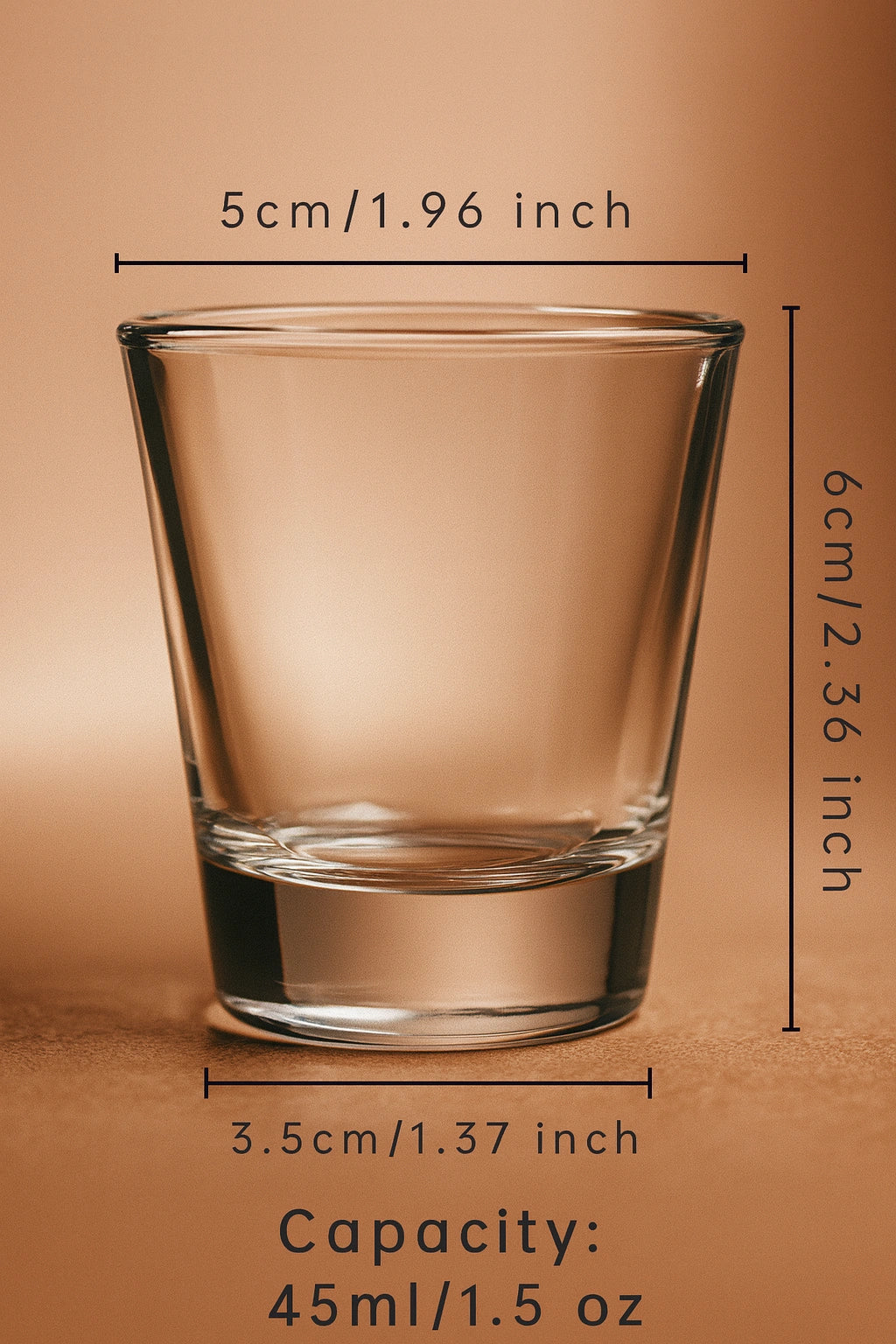 Clear glass with dimensions and capacity label on a brown background
