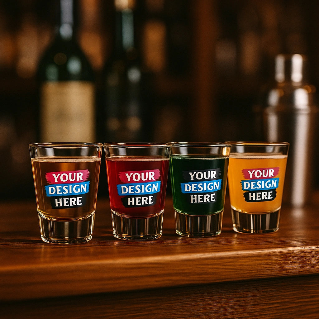 Four shot glasses with customizable labels on a wooden surface.
