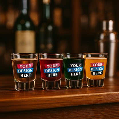 Four shot glasses with customizable labels on a wooden surface.