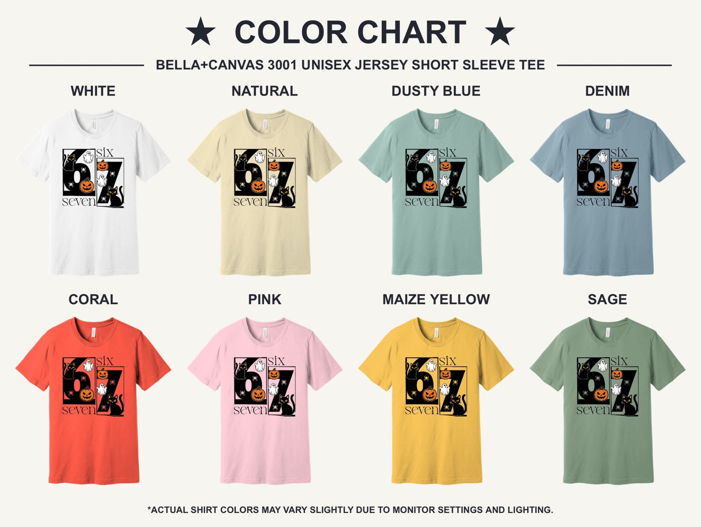 Six Seven Halloween tee with black cats ghosts pumpkins and spiders printed on a unisex short sleeve shirt - available shirt colors chart