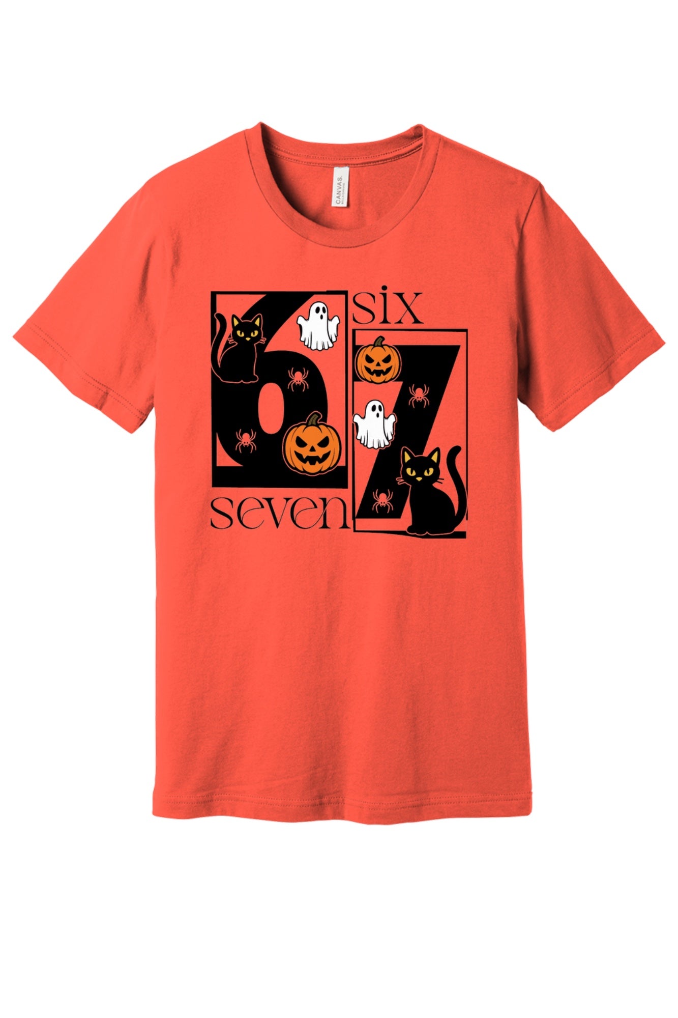 Six Seven Halloween tee with black cats ghosts pumpkins and spiders printed on a unisex short sleeve shirt in Coral
