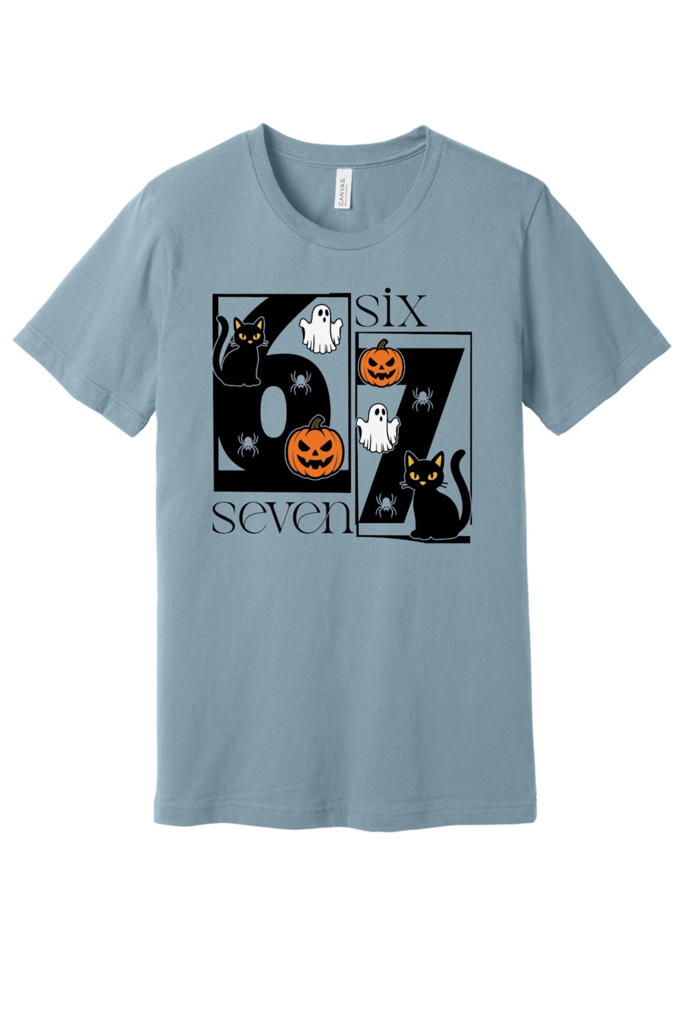 Six Seven Halloween tee with black cats ghosts pumpkins and spiders printed on a unisex short sleeve shirt in Denim