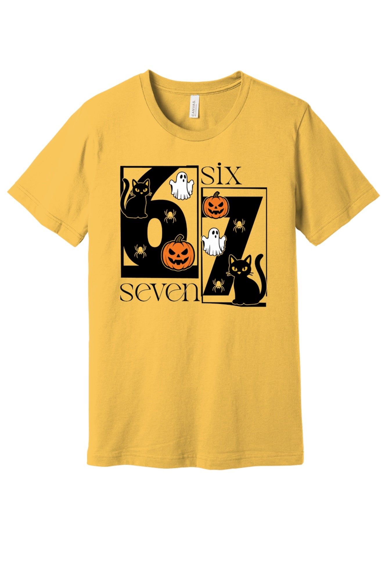 Six Seven Halloween tee with black cats ghosts pumpkins and spiders printed on a unisex short sleeve shirt in Maize Yellow
