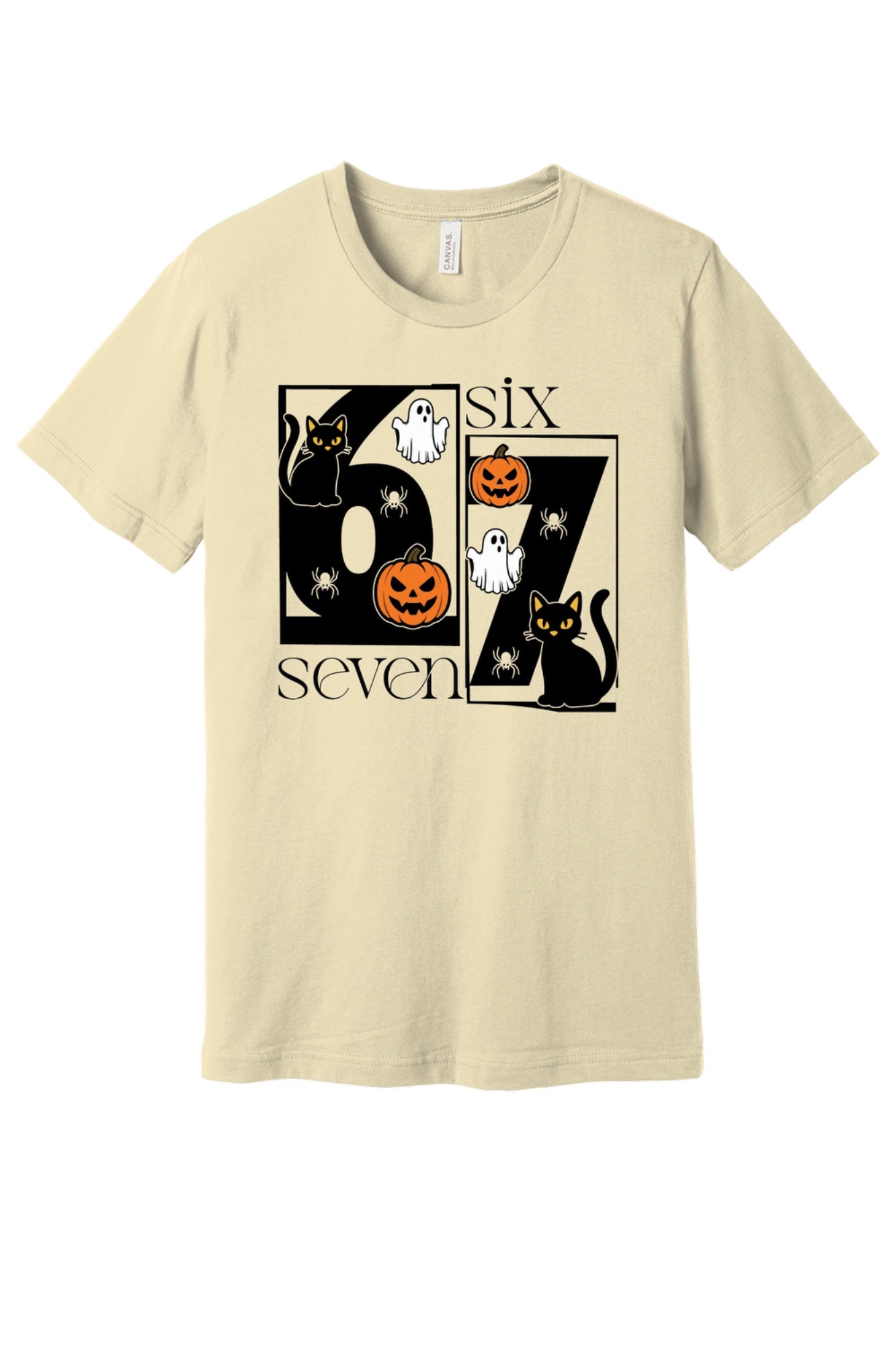 Six Seven Halloween tee with black cats ghosts pumpkins and spiders printed on a unisex short sleeve shirt in Natural