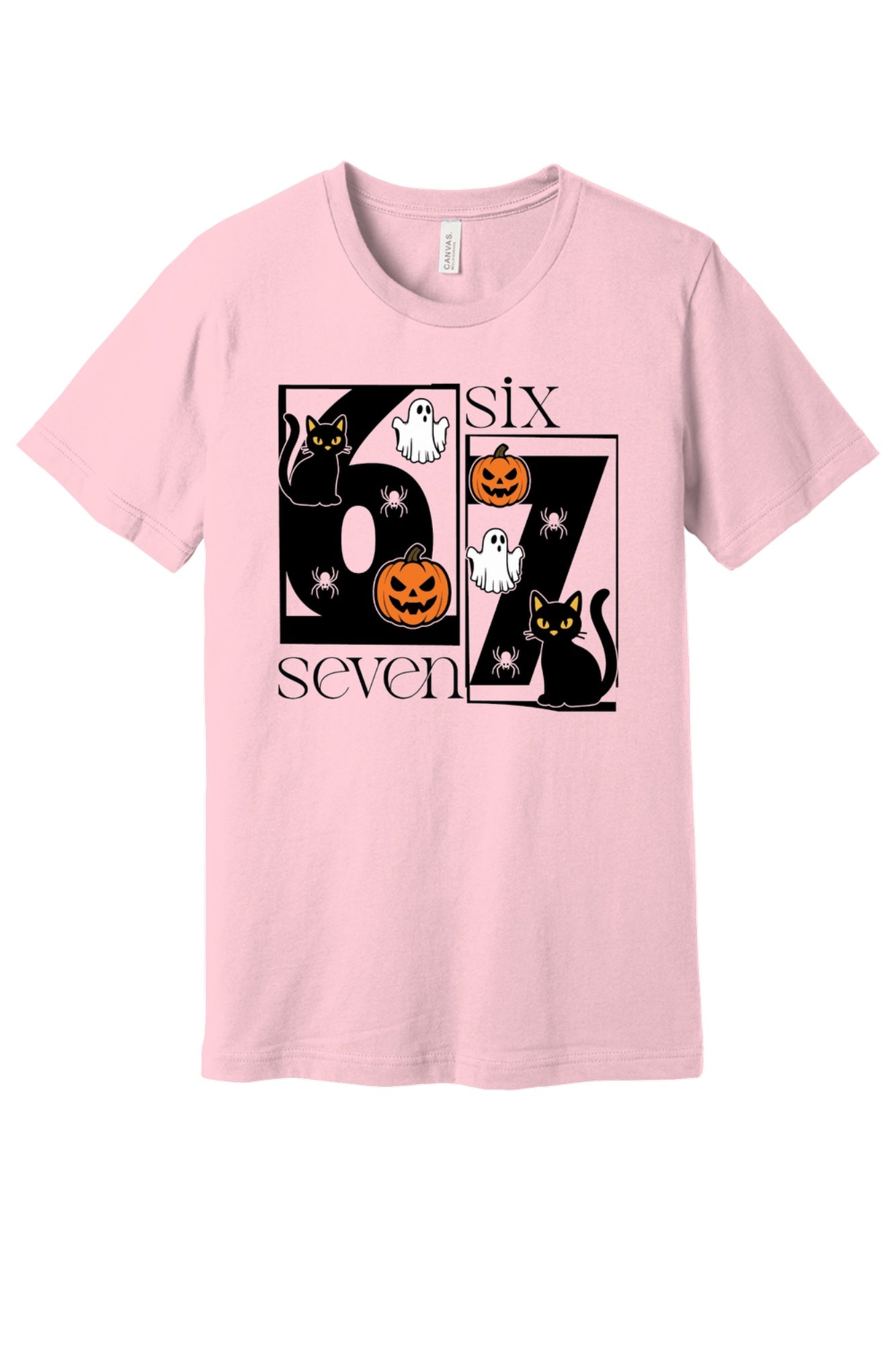 Six Seven Halloween tee with black cats ghosts pumpkins and spiders printed on a unisex short sleeve shirt in Pink