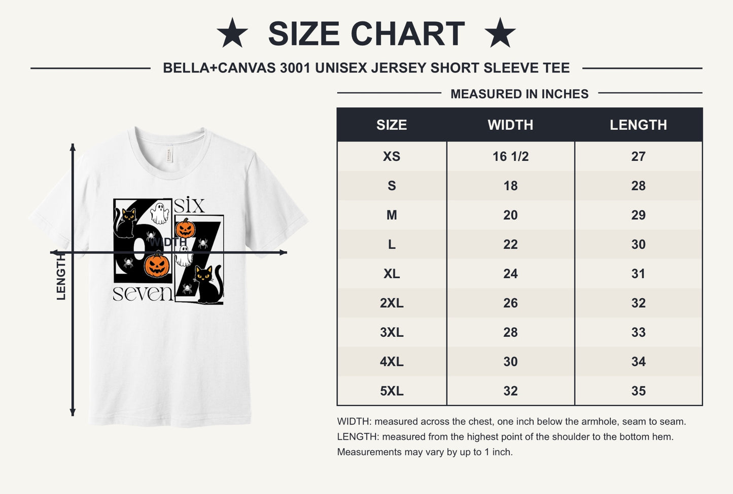 Six Seven Halloween tee with black cats ghosts pumpkins and spiders printed on a unisex short sleeve shirt - size chart