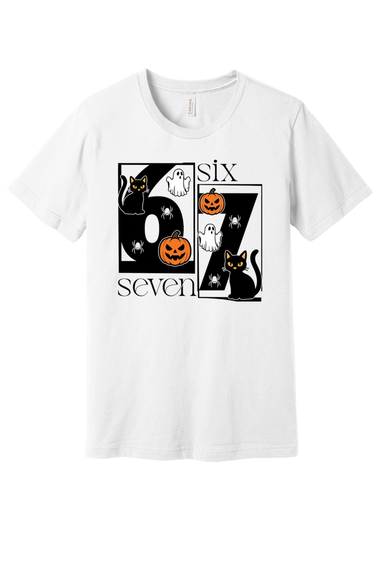 Six Seven Halloween tee with black cats ghosts pumpkins and spiders printed on a unisex short sleeve shirt in White