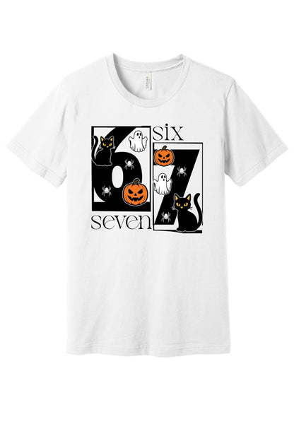 Six Seven Halloween tee with black cats ghosts pumpkins and spiders printed on a unisex short sleeve shirt in White