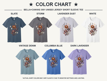 Halloween tee with skull center flowers, ghost bell blossoms, bats and crescent moon gothic botanical print - available shirt colors chart