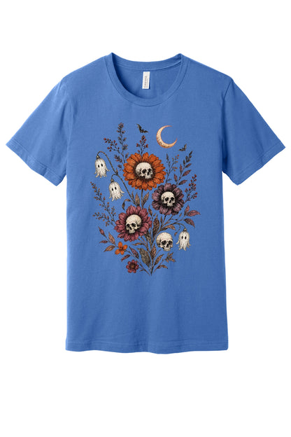 Halloween tee with skull center flowers, ghost bell blossoms, bats and crescent moon gothic botanical print in Columbia Blue