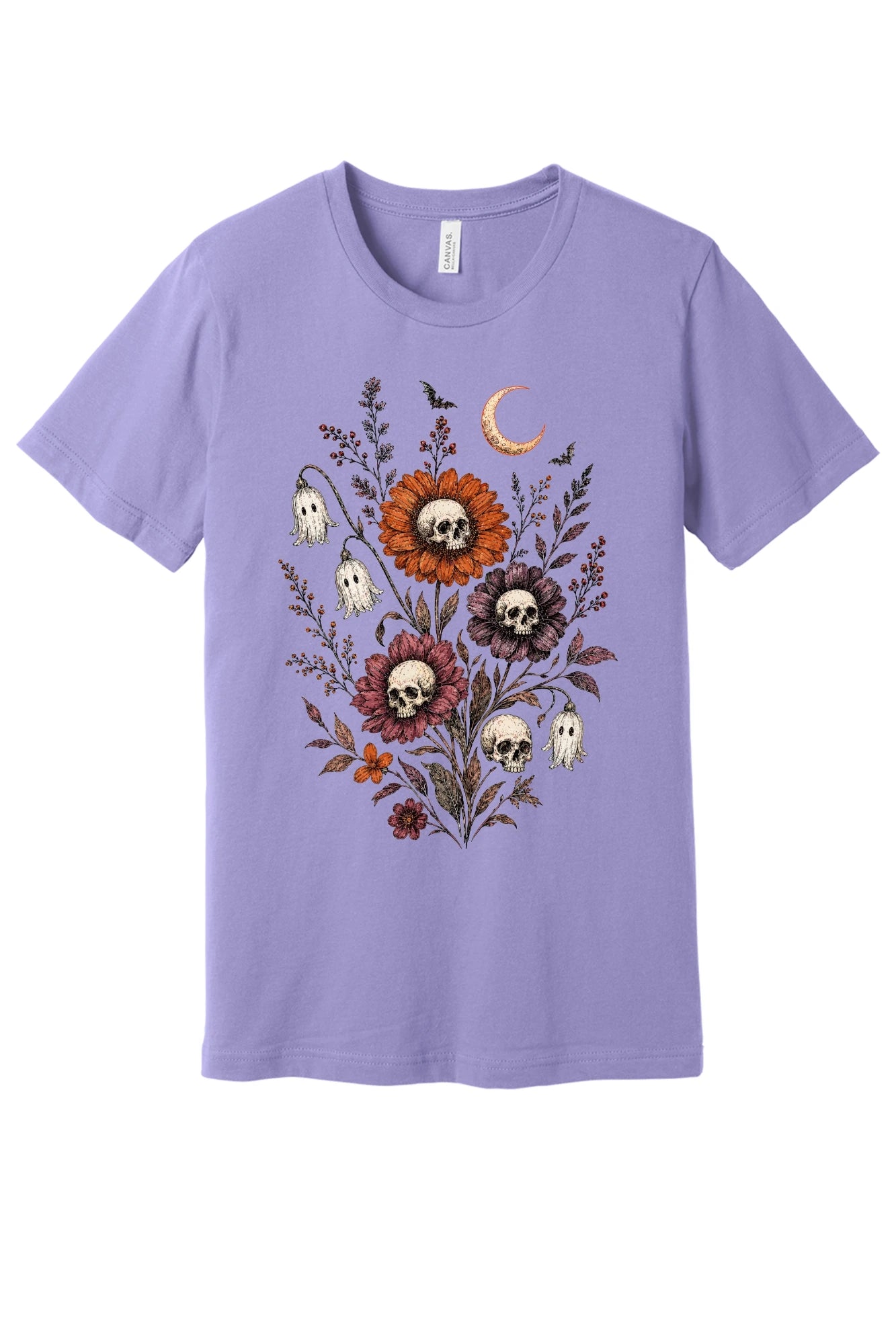 Halloween tee with skull center flowers, ghost bell blossoms, bats and crescent moon gothic botanical print in Dark Lavender