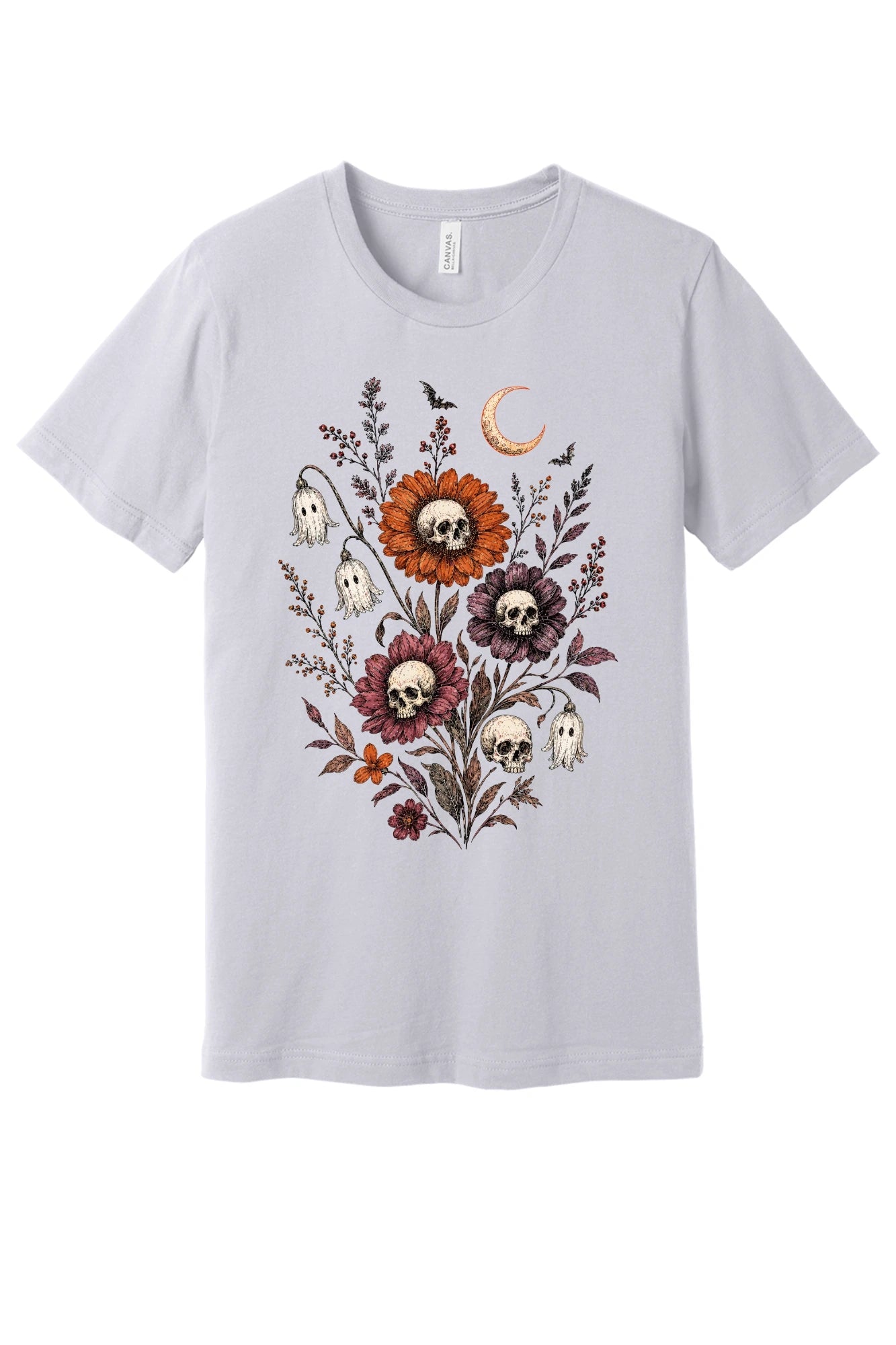 Halloween tee with skull center flowers, ghost bell blossoms, bats and crescent moon gothic botanical print in Lavender Dust