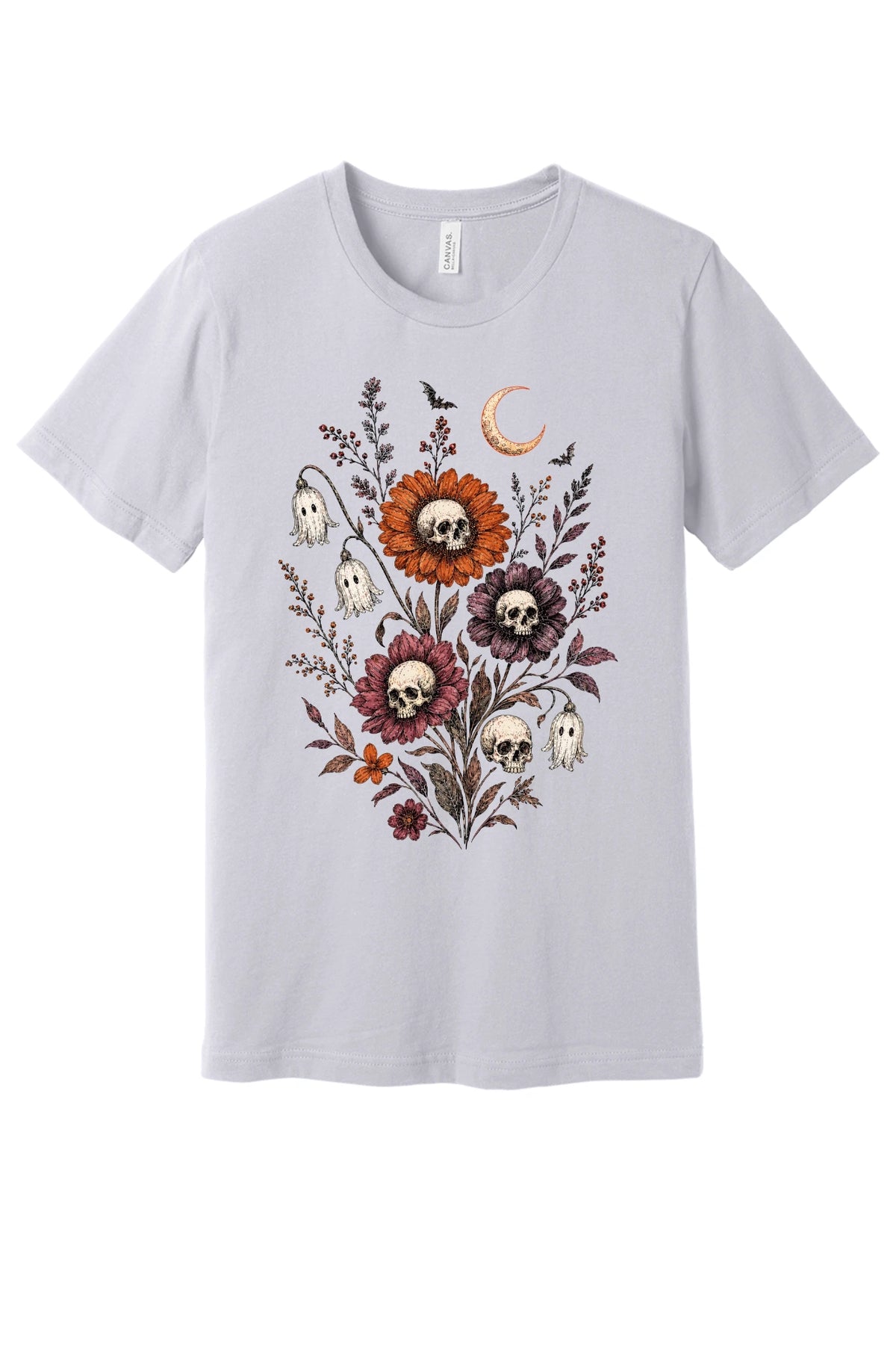 Halloween tee with skull center flowers, ghost bell blossoms, bats and crescent moon gothic botanical print in Lavender Dust