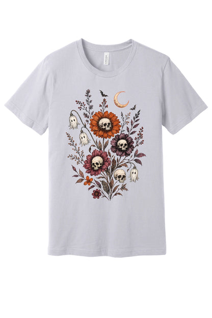 Halloween tee with skull center flowers, ghost bell blossoms, bats and crescent moon gothic botanical print in Lavender Dust