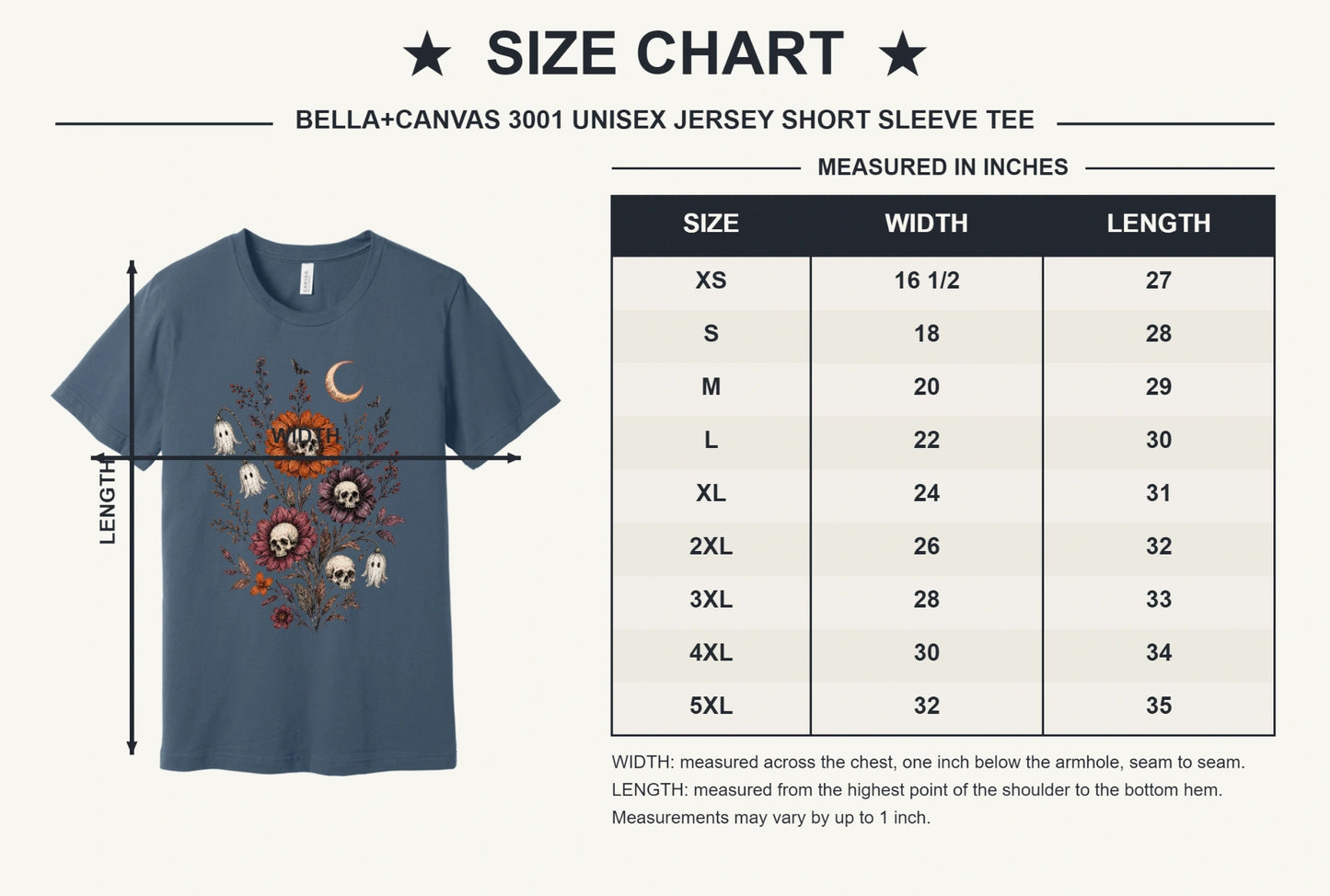 Halloween tee with skull center flowers, ghost bell blossoms, bats and crescent moon gothic botanical print - size chart