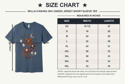 Halloween tee with skull center flowers, ghost bell blossoms, bats and crescent moon gothic botanical print - size chart