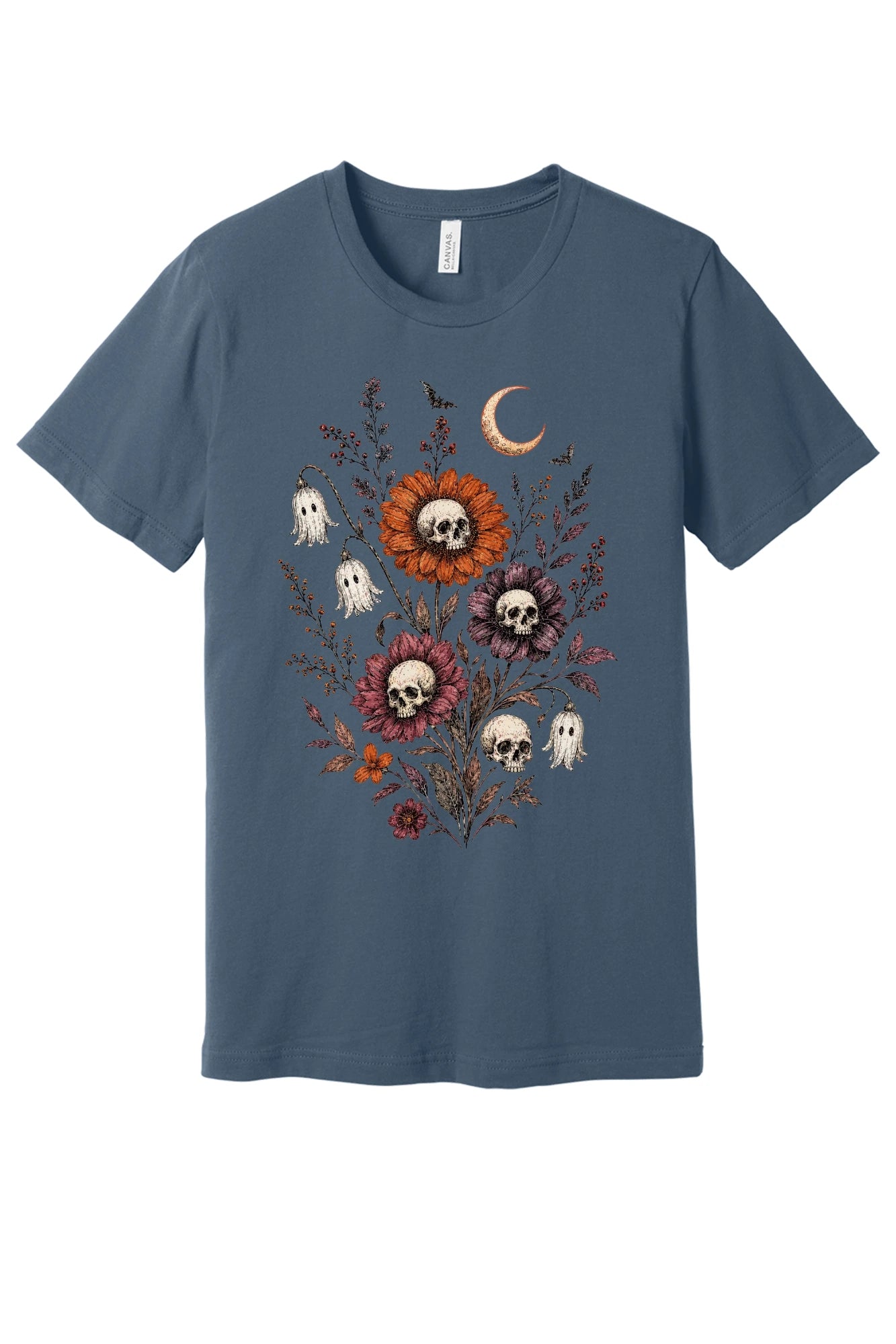 Halloween tee with skull center flowers, ghost bell blossoms, bats and crescent moon gothic botanical print in Slate