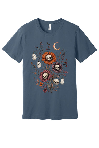 Halloween tee with skull center flowers, ghost bell blossoms, bats and crescent moon gothic botanical print in Slate