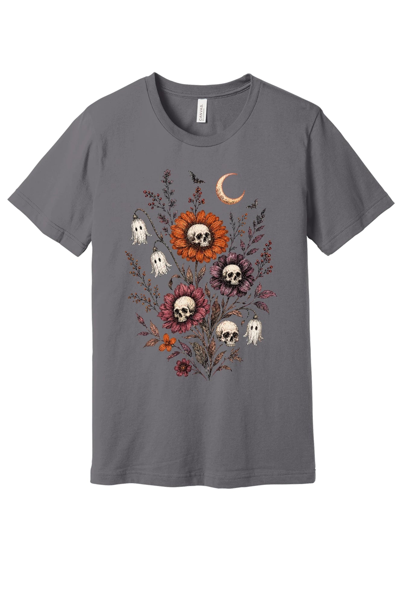 Halloween tee with skull center flowers, ghost bell blossoms, bats and crescent moon gothic botanical print in Storm