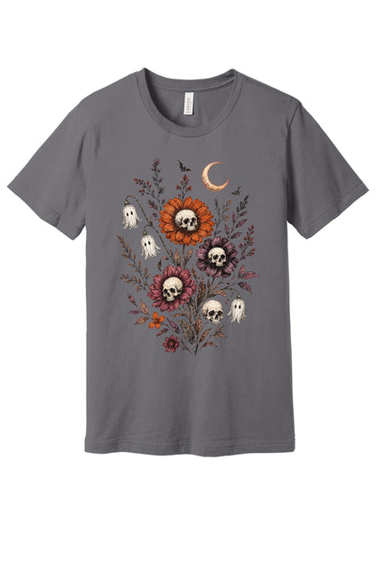 Halloween tee with skull center flowers, ghost bell blossoms, bats and crescent moon gothic botanical print in Storm