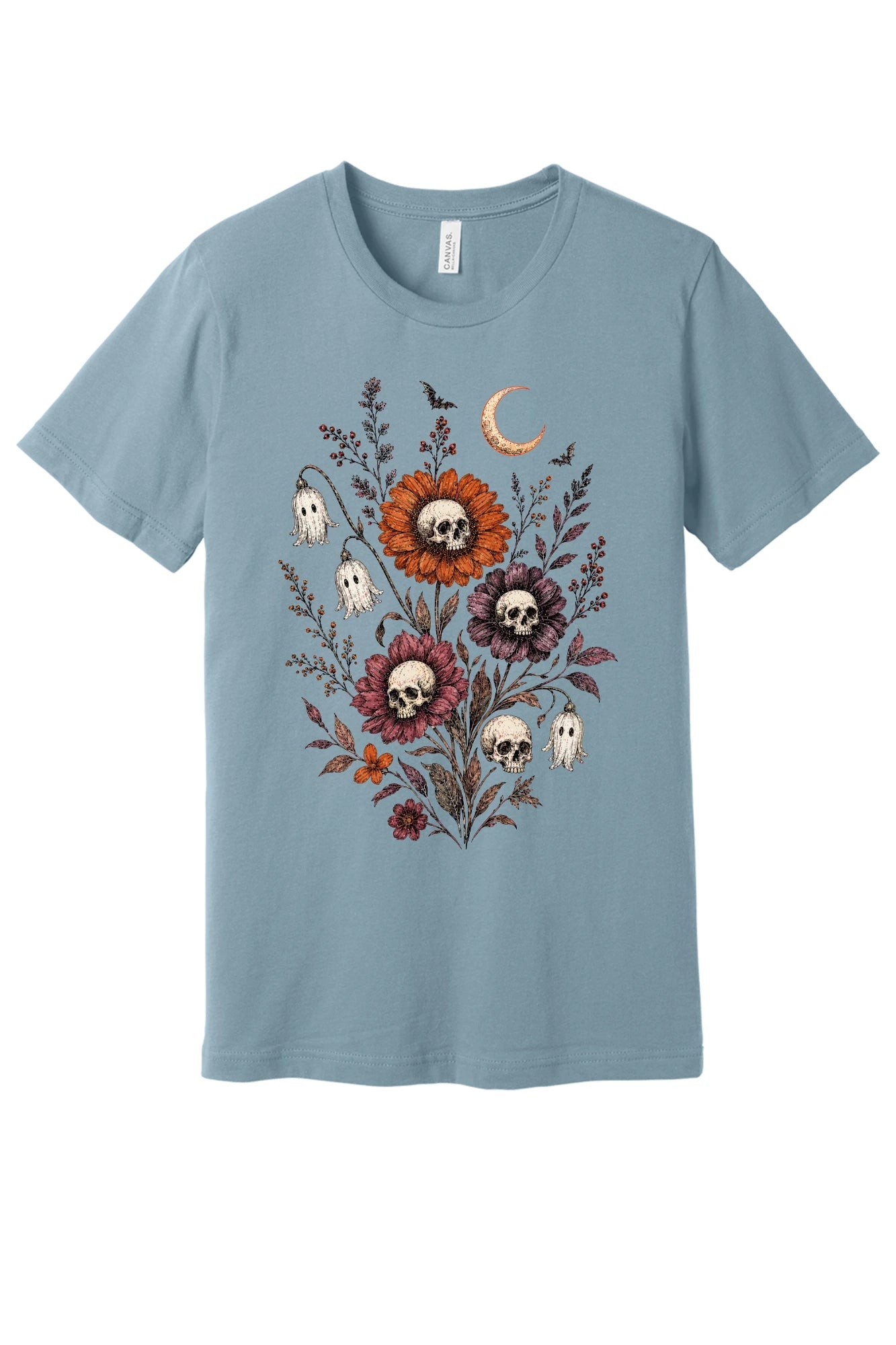 Halloween tee with skull center flowers, ghost bell blossoms, bats and crescent moon gothic botanical print in Vintage Denim