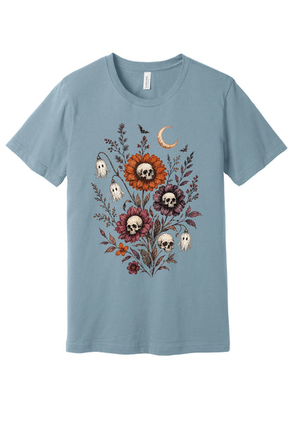 Halloween tee with skull center flowers, ghost bell blossoms, bats and crescent moon gothic botanical print in Vintage Denim