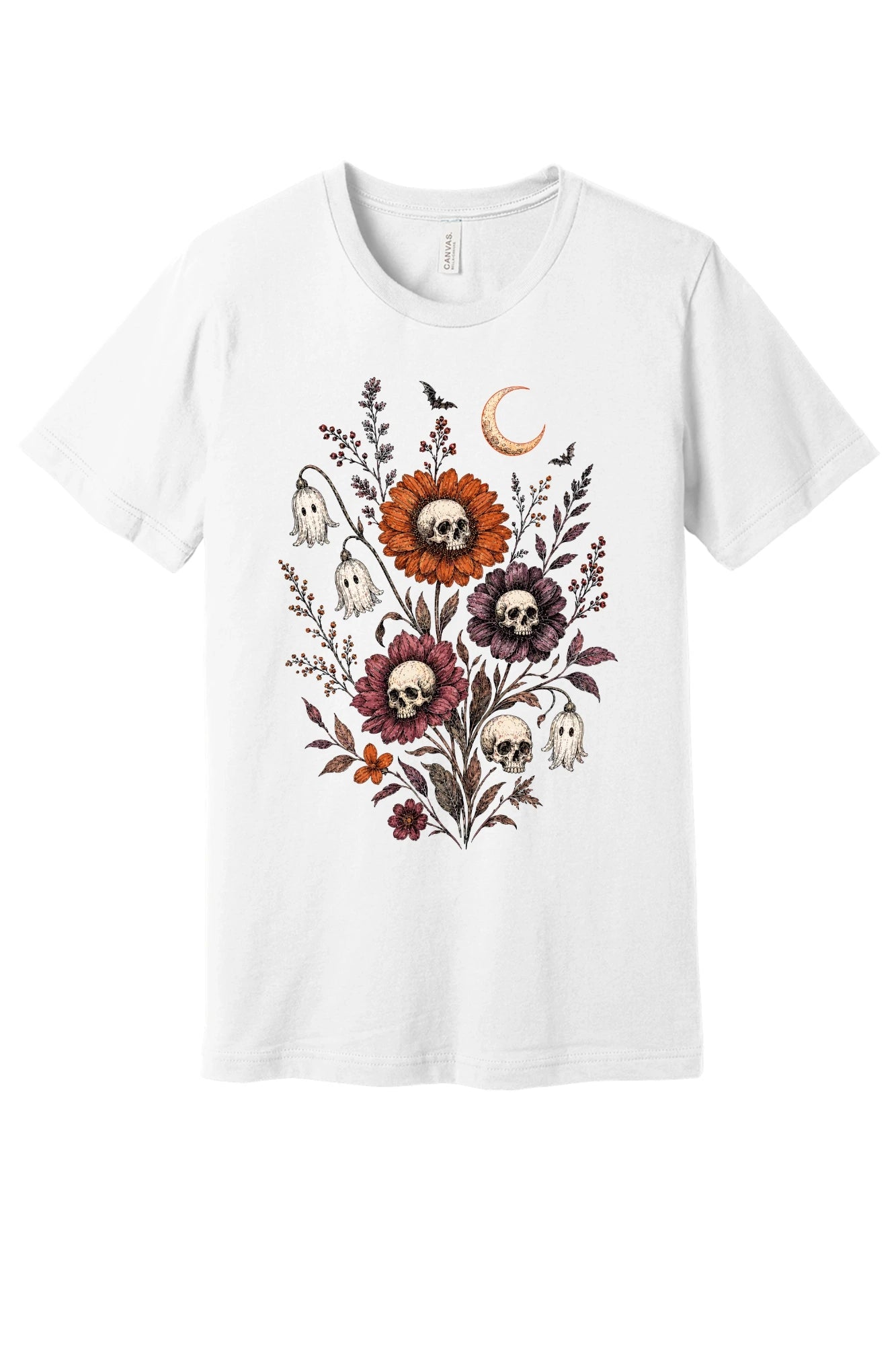 Halloween tee with skull center flowers, ghost bell blossoms, bats and crescent moon gothic botanical print in White