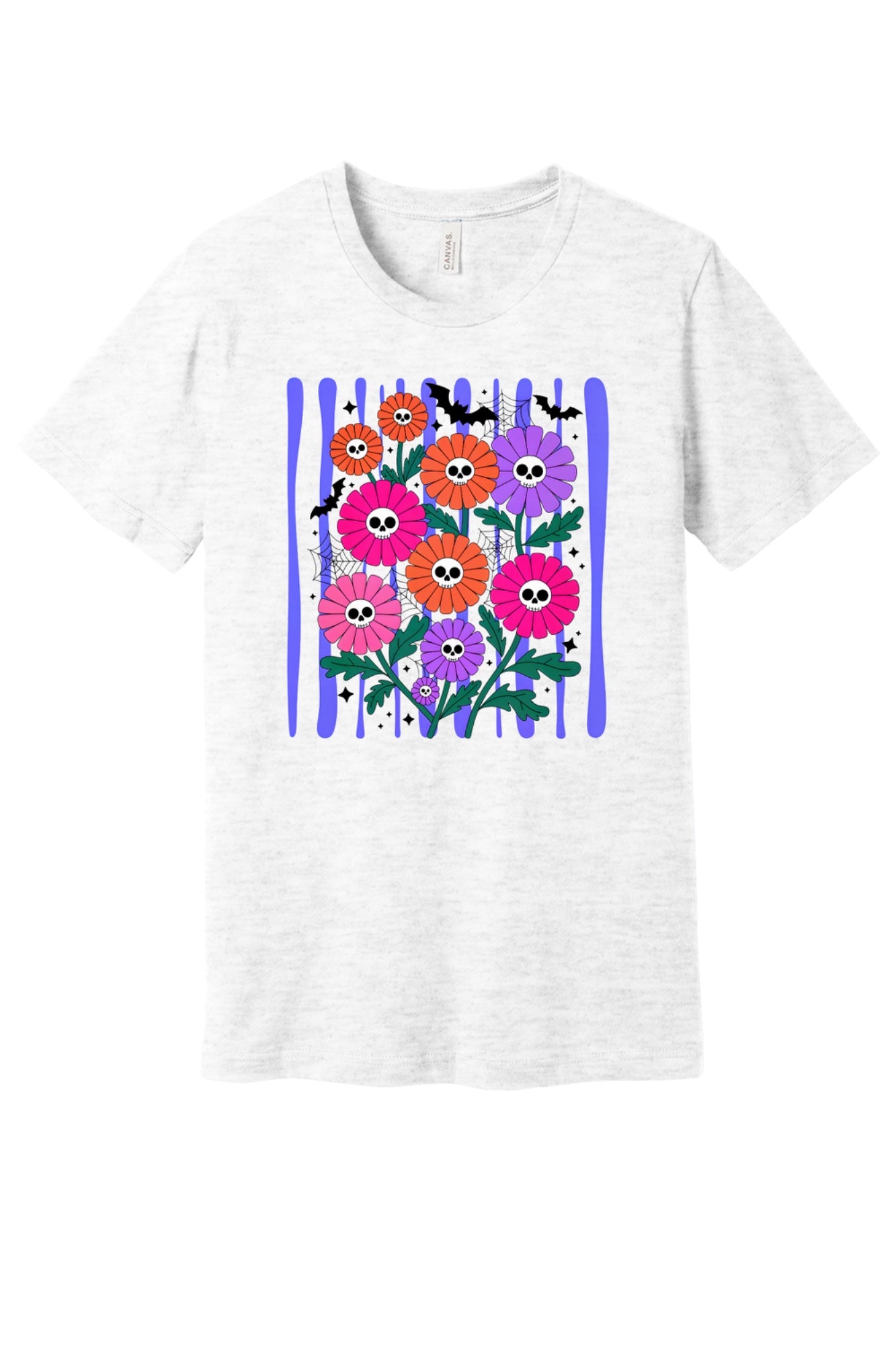 Skull gerbera daisy bouquet with bats and spider webs Halloween graphic tee in orange pink and purple in Ash